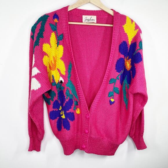 Jaclyn Smith Vintage Pink Floral Knit Cardigan Sweater Women's Size Medium M - Picture 8 of 8